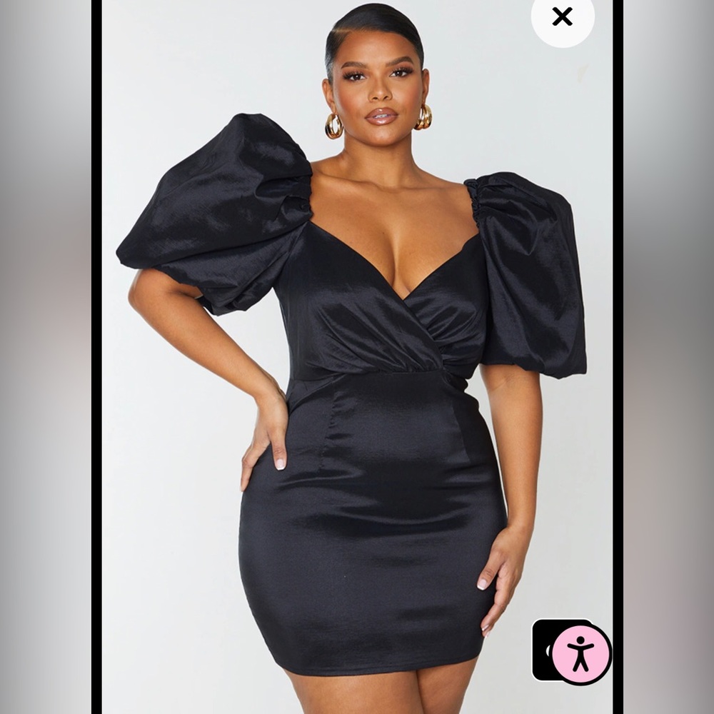 Plus Black Puff Sleeve Woven Bodycon Dress